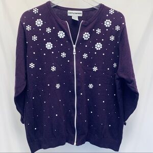 𝅺CATHY Daniels Zip Up Beaded Daisy Sweater Size XL